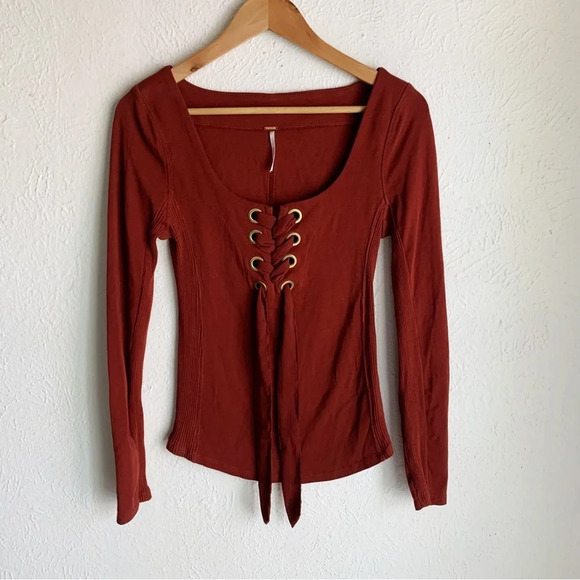 Free People Lace-Up Top Rust Sz Small - Picture 2 of 5